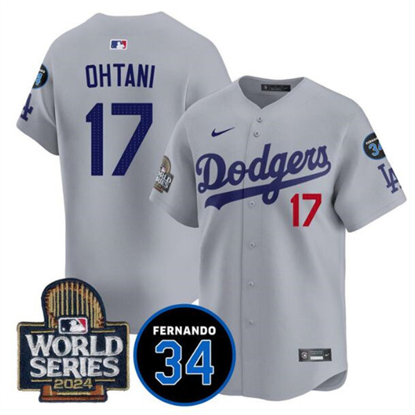 Los Angeles Dodgers #17 Shohei Ohtani Gray 2024 World Series With Fernando Memorial Patch Limited Stitched Jersey